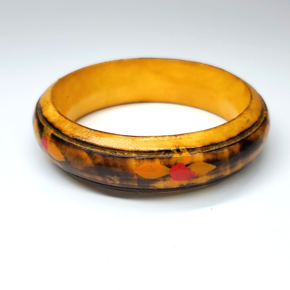 Vintage 1973 Handmade Hand Painted Wood Floral Bracelet for Girls